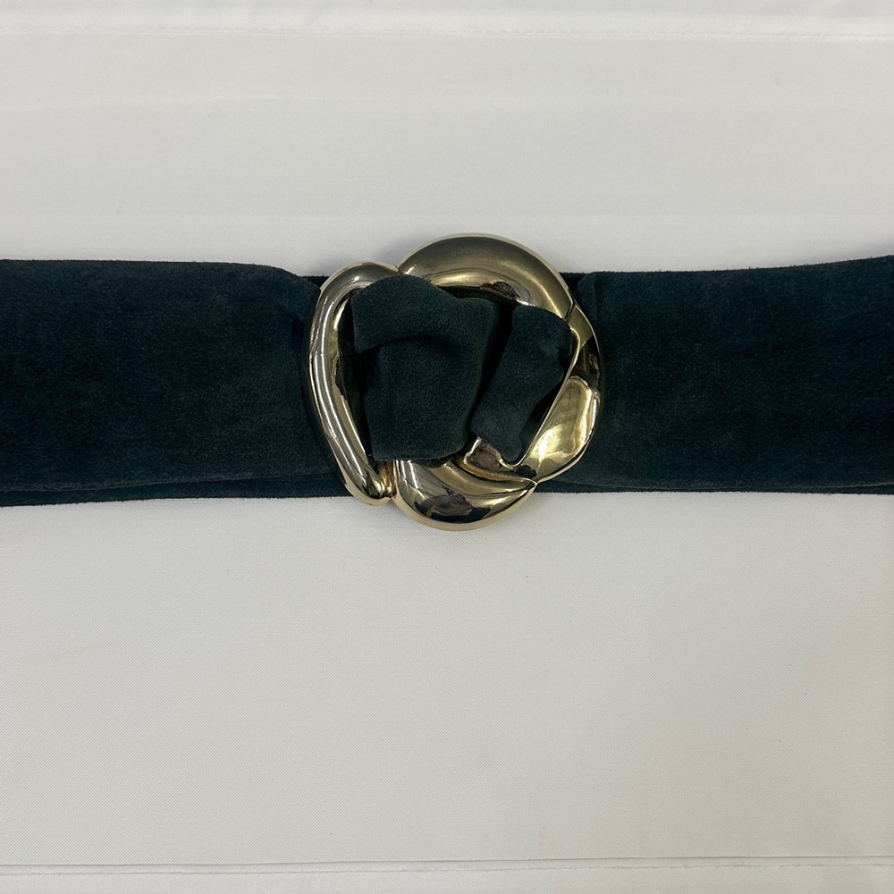 Vtg Dark GreenWide Suede Belt with Gold Buckle